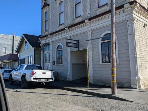 Unique building with geometric patterns and “In Light Fitness” Stock Photos