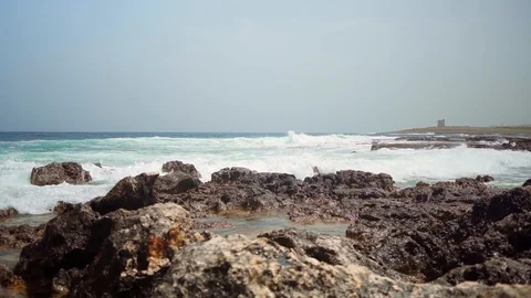 Unique camera movement while filming stormy sea Stock Footage 108856096