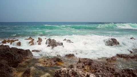 Unique camera movement while filming stormy sea Video stock 108856124