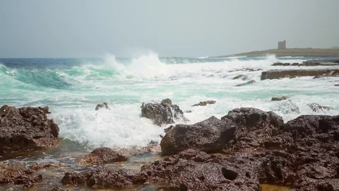 Unique camera movement while filming stormy sea Video stock 108856285