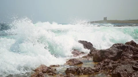 Unique camera movement while filming stormy sea Video stock 108856355