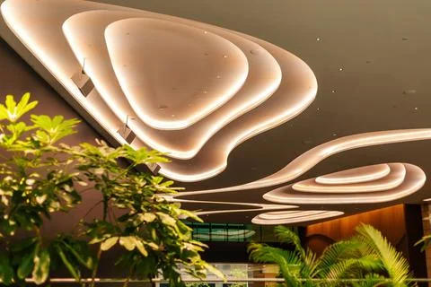 Unique ceiling lights create an interesting pattern in a commercial area. G.. Stock Photos