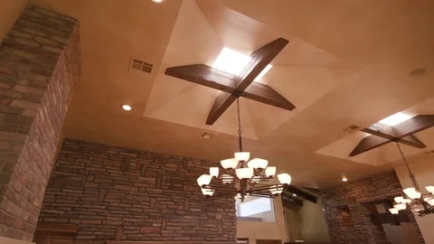 Unique Ceiling with Skylights and Chandelier Lights Stock Footage 80868216