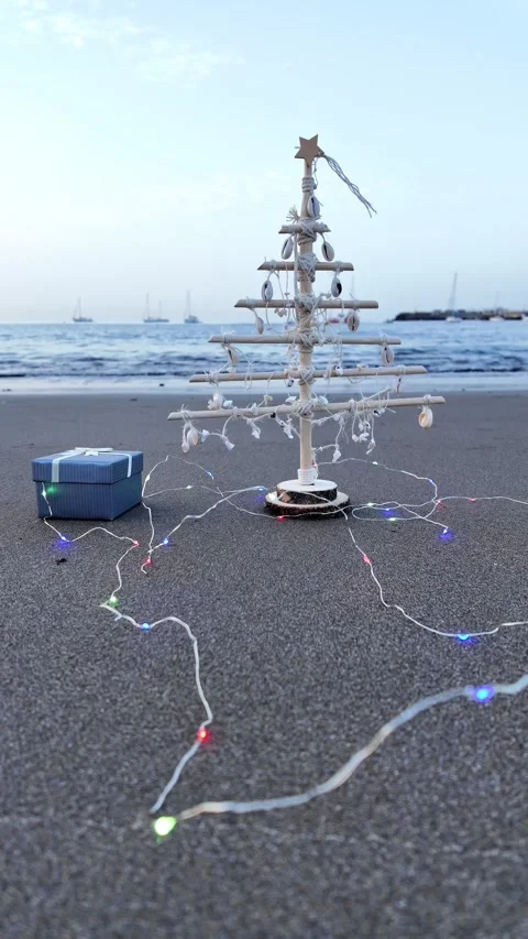 Unique Christmas tree with lights and gift on sandy beach Stock Footage 346249265