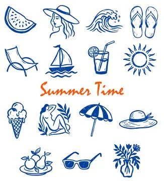 A unique collection of hand-drawn summer doodles created with real bold ink Stock Illustration