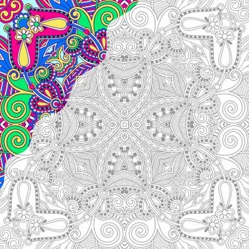 Unique coloring book square page for adults - floral authentic c Stock Illustration