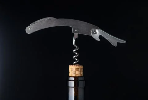 Unique corkscrew elegantly poised above a wine bottle in a stylishly Foto stock