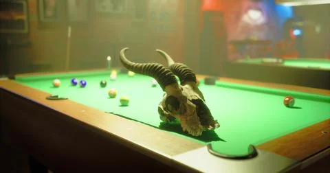 Unique decor features a ram skull on a vibrant pool table in low light Stock Illustration