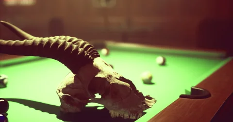 Unique decor featuring a skull and pool table in a dimly lit bar setting Stock Footage 321435237