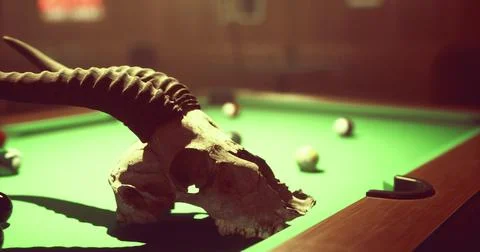 Unique decor featuring a skull and pool table in a dimly lit bar setting Stock Illustration