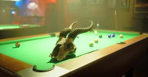 Unique decor in a lively bar with a pool table and a skull centerpiece Stock Illustration