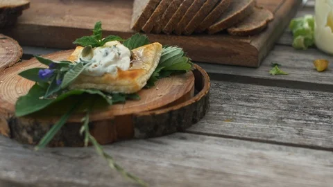 Unique desert served on wood plates Stock Footage 108564463