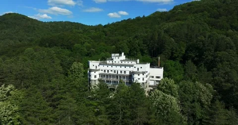 Unique Design Of Elderly Home In The Woods Ship Resembling Construction Drone Stock Footage 300484368