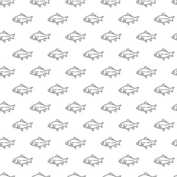 Unique digital fishes seamless pattern with various icons and symbols on white Stock Illustration