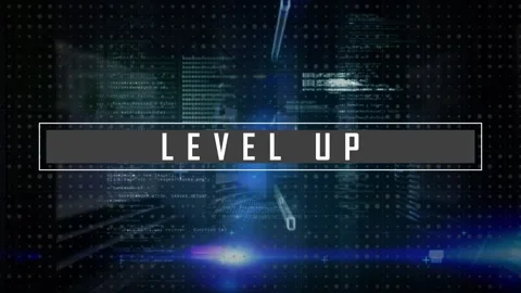 Unique digital video of level up text with computer coding in background Stock Footage 203875555