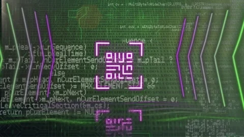 Unique digital video of qr code with computer coding in background Stock Footage 330058160