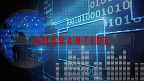 Unique digital video of quarantine text with global communications and coding in Stock Footage 329367907