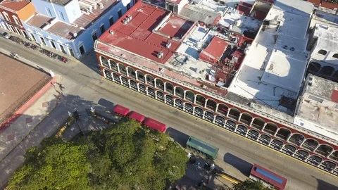 Unique Drone Shot of  Building  with Red Arches Located in Campeche, Mexico Stock Footage 90560060