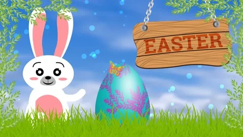 Unique Easter greeting concept with Swinging wooden board and Easter decorati Stock Footage 234108645