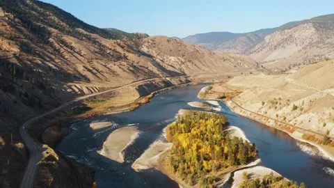 Unique, elevated perspective view of the panorama of Thompson river Stock Footage 197662979