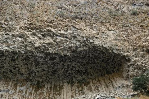 Unique geological formation of hexagonal basalt columns in Armenia, showcasing Stock Photos