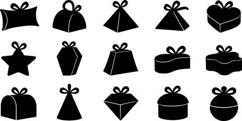 Unique gift package silhouettes with ribbons in various geometric and novel.. Stock Illustration