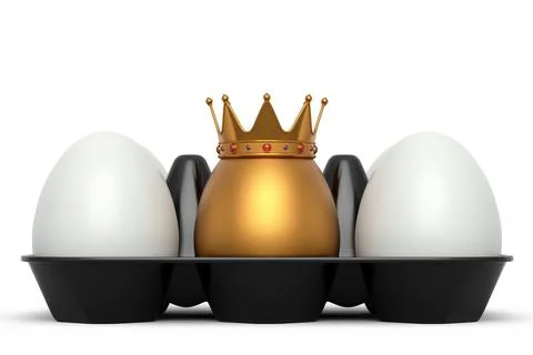 Unique gold egg in royal king crown standing in plastic tray with white eggs Stock Illustration