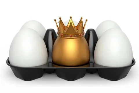 Unique gold egg in royal king crown standing in plastic tray with white eggs Stock Illustration