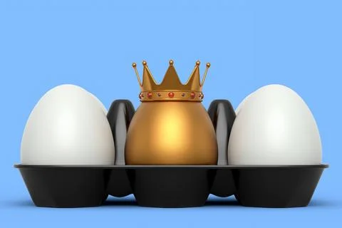 Unique gold egg in royal king crown standing in plastic tray with white eggs Stockillustratie