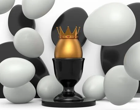 Unique gold egg in royal king crown in ceramic eggcup and scattered white egg Stock Illustration
