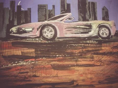 Unique graphics. Car on abstract background of violet Stock Illustration