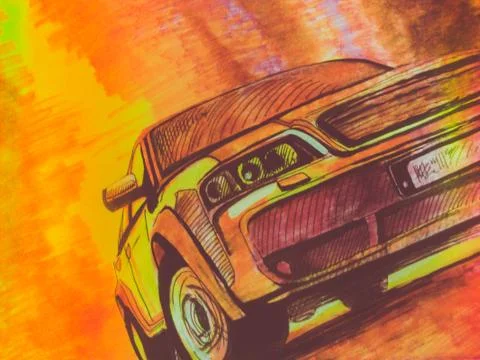 Unique graphics. Car on abstract background of orange Stock Illustration