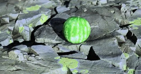Unique green apple placed on textured gray rocks under bright light Stock Illustration