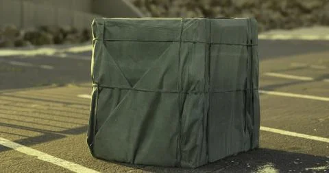 Unique green crate on an empty parking lot under bright sunlight Stock Illustration