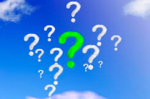 Unique green question mark shape of cloud among many clouds on blue sky. Stock Illustration