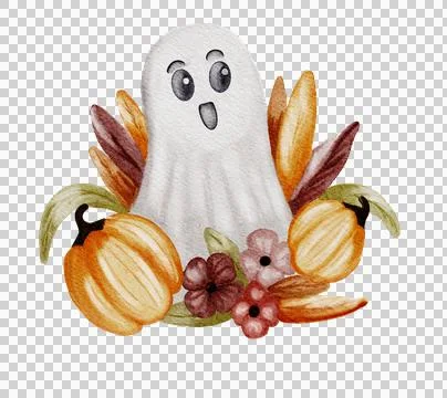 Unique Halloween pattern featuring a cheerful ghost among colorful pumpkins.. Stock Illustration