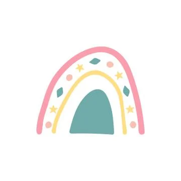 Unique hand drawn rainbow. Cute kids nursery icon. Baby shower sticker. Lovely Stock Illustration