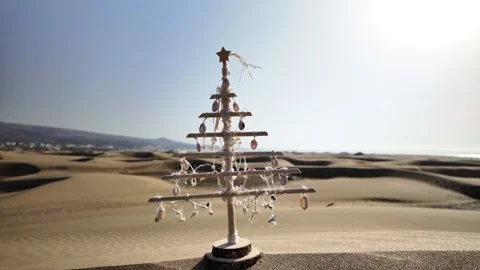 Unique handcrafted Christmas tree standing on a sunny desert sand dune Stock Footage 348095001