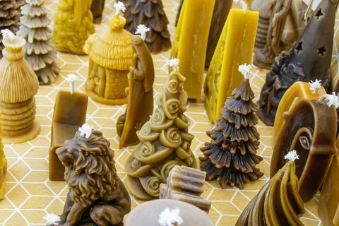 Unique handmade candles shaped like trees, animals, and decorative structur.. Foto stock