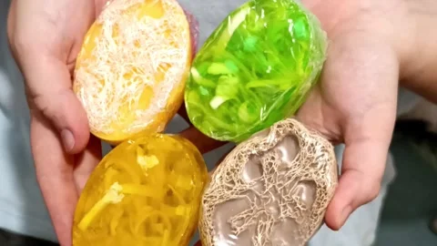 Unique handmade soaps with vibrant colors and natural ingredients showcased at l Stock Footage 292758675