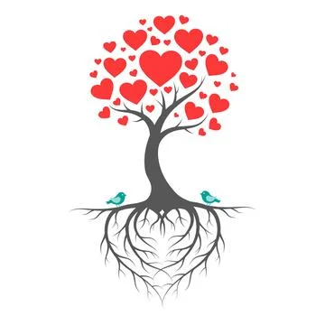 Unique Heart Shaped Root Tree with Blue Birds Sitting on Roots and Dense He.. Stock Illustration