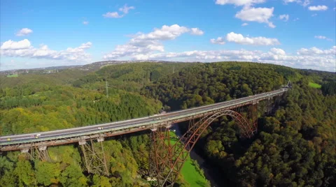 Unique high bridge 350 ft steam trains aerial, railroad junction Stock Footage 43744913
