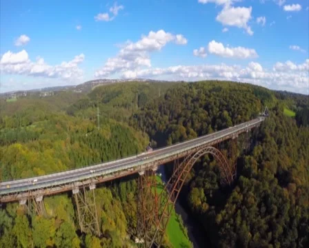Unique high bridge 350 ft steam trains aerial, railroad junction, click for HD Stock Footage 43910234