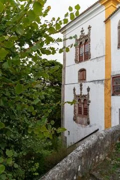 A unique historic structure features intricate designs framed by vibrant gree Stock Photos