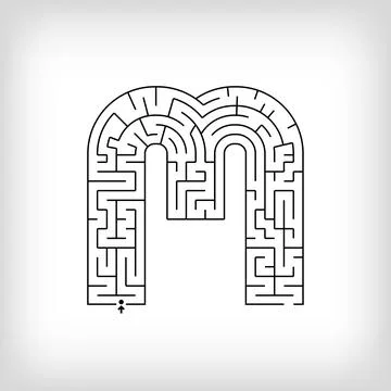Unique linear letter M maze puzzle. Stock Illustration