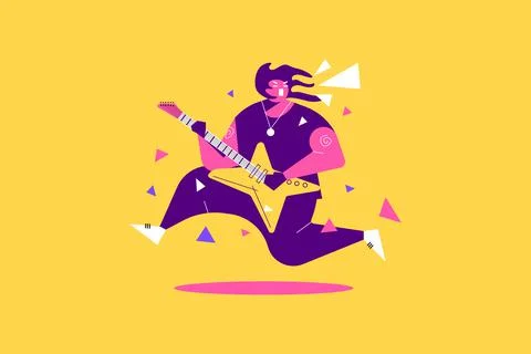 Unique Man Jumping While Playing Guitar Vector Illustration Illustration