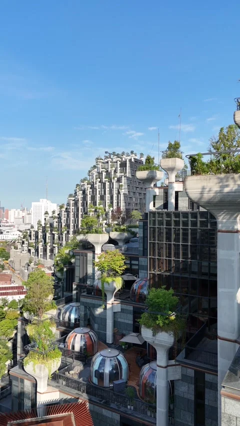 Unique Modern Architecture Featuring Terraced Green Gardens in Shanghai, China Stock Footage 335969393