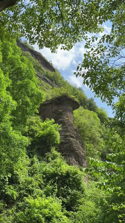 Unique Mushroom-Shaped Rock Formation Amidst Green Mountains at Jianmen Pass Stockbeeldmateriaal 337092057