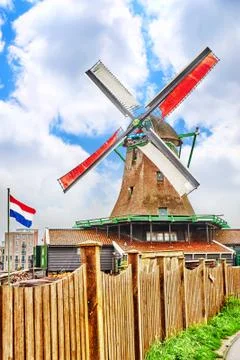 Unique old, authentic, real working windmills in the suburbs of Amsterdam. Stock Photos