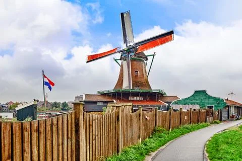 Unique old, authentic, real working windmills in the suburbs of Amsterdam. Stock Photos